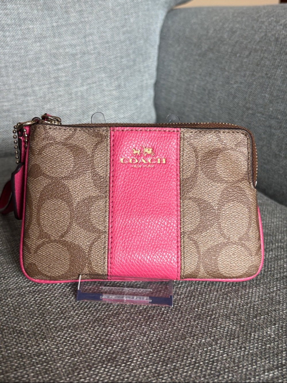 Coach Brown Signature Canvas Wristlet with Pink Leather Stripe